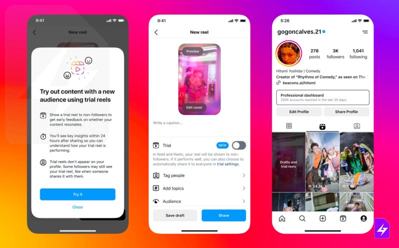 قابلیت trial reels  اینستاگرام برای آزمایش محتوای جدید